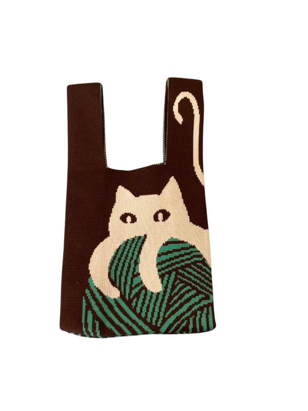 Cat With Yarn Ball Knit Tote Bag Brown And Green Yarn Ball